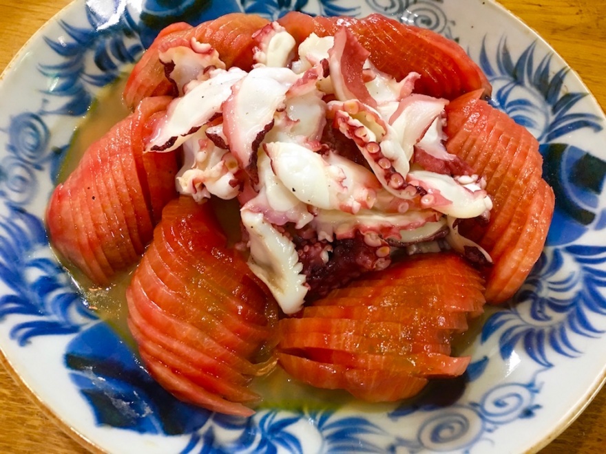 蛸の焼き造り醤油バター風味 千枚トマト添え　マクロビオティック京料理教室　むそう塾